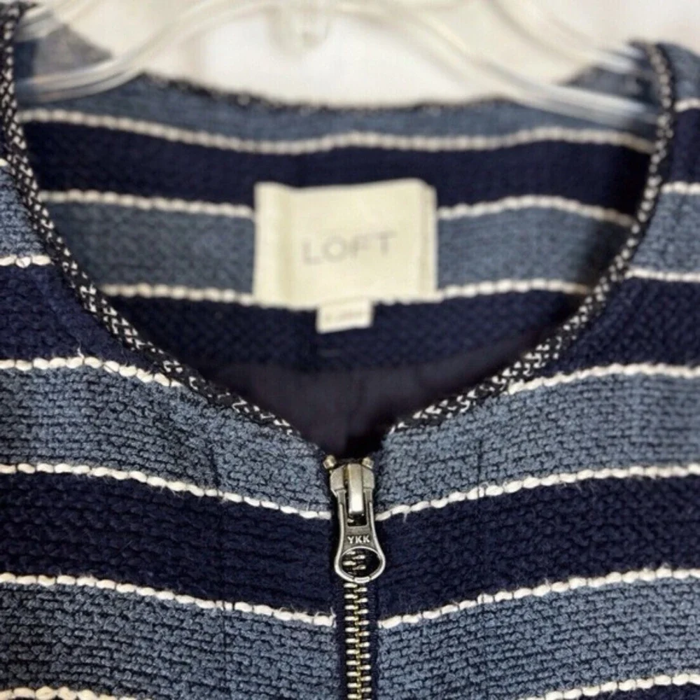LOFT Navy Blue Striped Full Zip Textured‎ Cotton Blend Jacket 6 Nautical 53-11